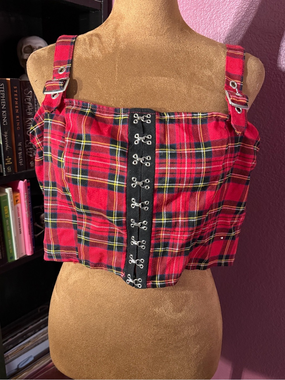 Social Collision Red Plaid Hook-Front Crop Top-